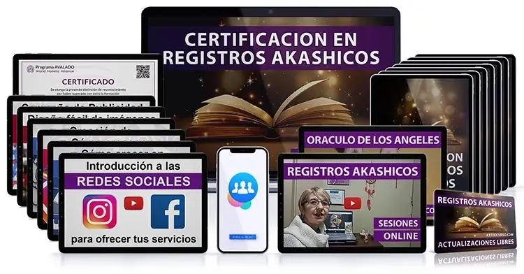 Varios dispositivos mostrando la Certificación en Registros Akáshicos