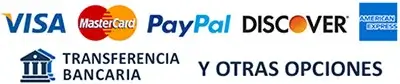 Opciones de pago: Visa, MasterCard, PayPal, Discover, American Express, Transferencia Bancaria y otras opciones