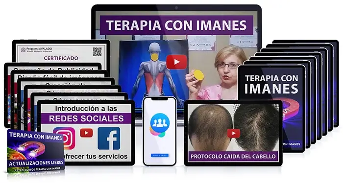 Paquete de productos digitales para un curso de terapia con imanes que incluye videos, introducción a redes sociales, protocolo para la caída del cabello, certificado y actualizaciones gratuitas.