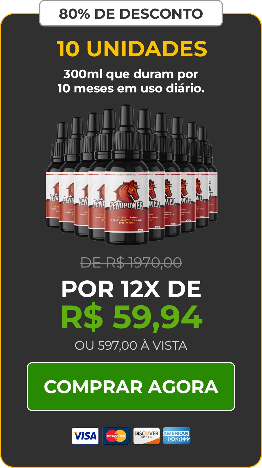 80% de Desconto na compra de 10 Frascos de Fenopower com Frete Grátis, para durarem 10 meses de tratamento