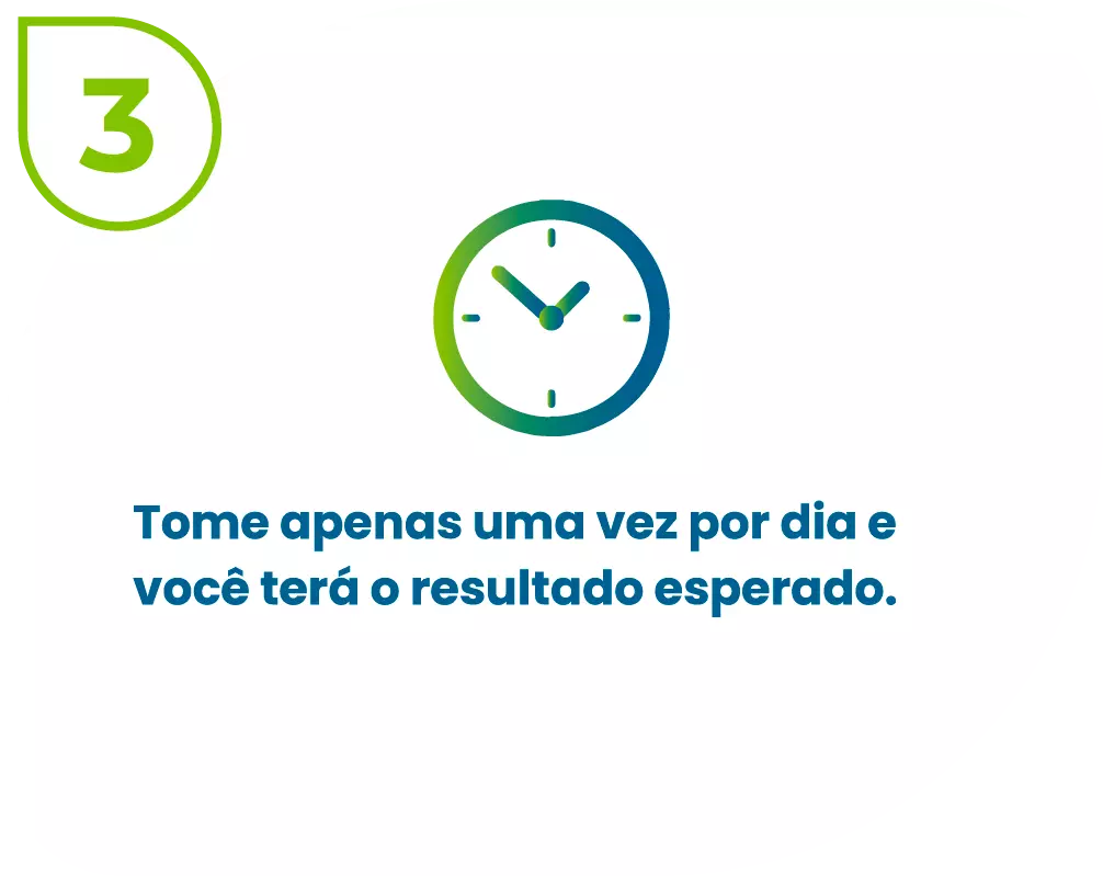 Ícone de um relógio com o texto: "Tome Apenas uma vez por dia e você terá o resultado esperado."