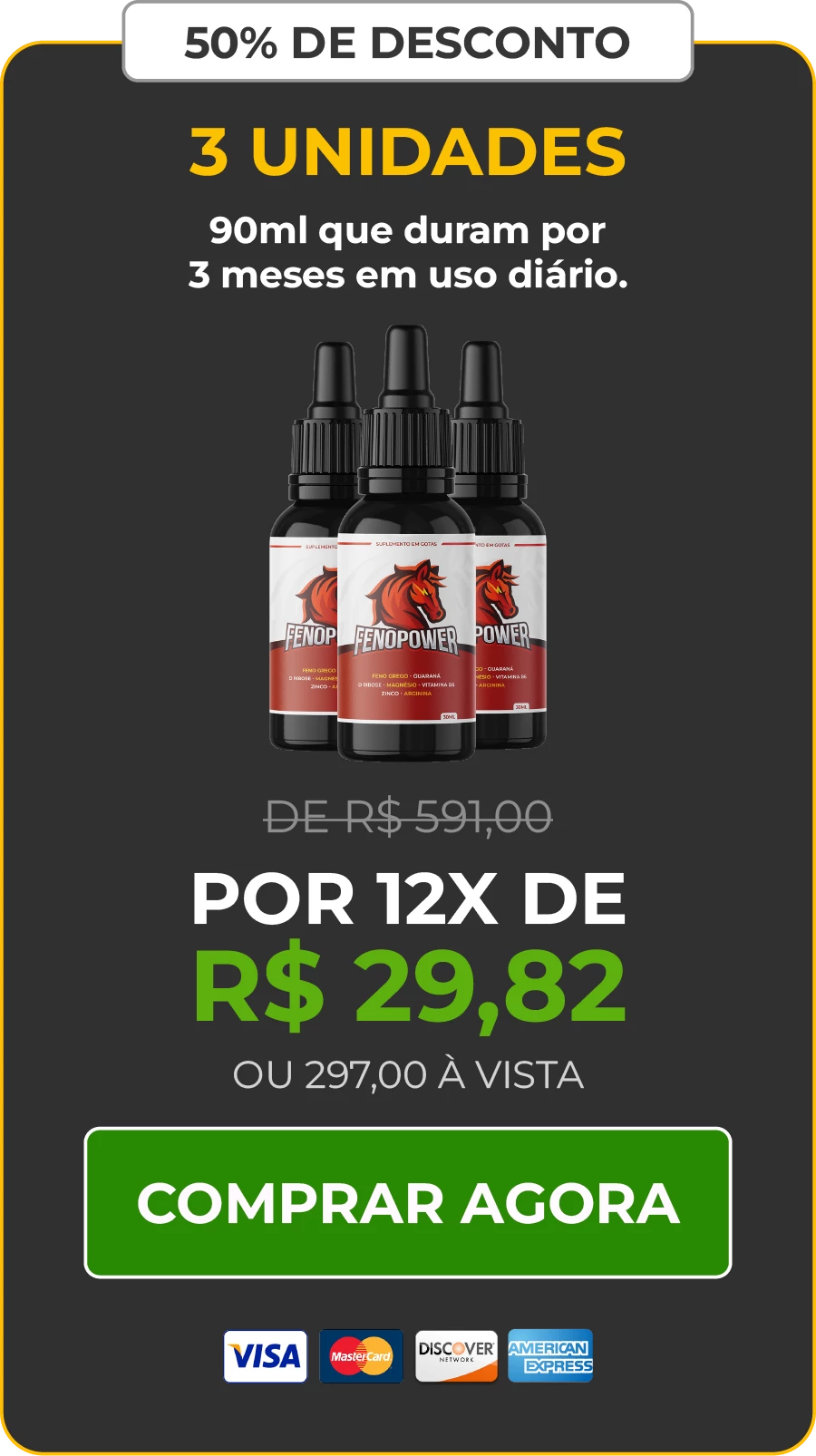 50% de Desconto na compra de 3 Frascos de Fenopower com Frete Grátis, para durarem 3 meses de uso diário