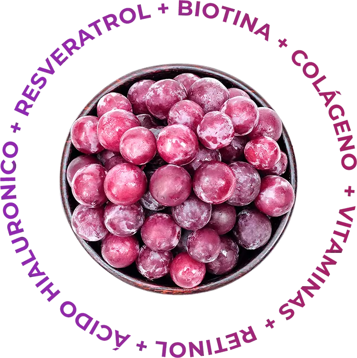 Porção de uvas que representam ingredientes inclusos no produto original. Diversas coisas que fazem bem para a saúde e melhoram a aparência da pele