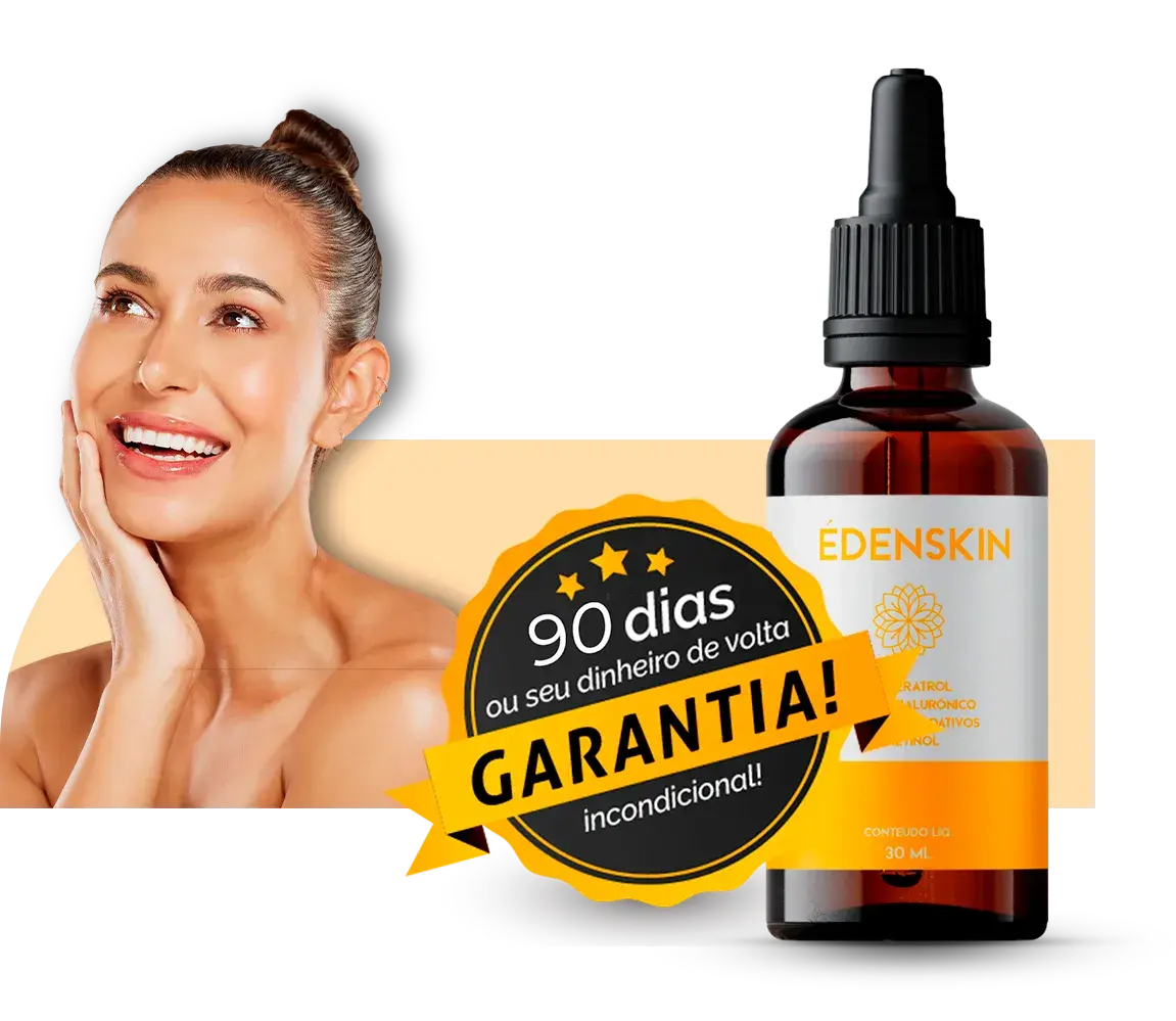 Selo de Garantia de 90 Dias, mulher sorrindo com pele bonita e frasco de Édenskin com fundo transparente